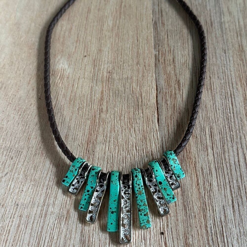 Vintage Del Mundo Collection Turquoise & Silver Tone Fringe Necklace Braided Lea
